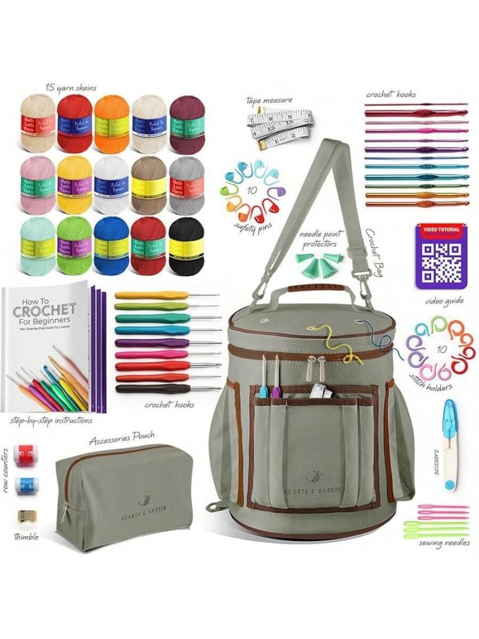 Crochet Kit for Beginners with Yarn, 21 Hooks Knitting Kit Bag with Instructions and Video Tutorials